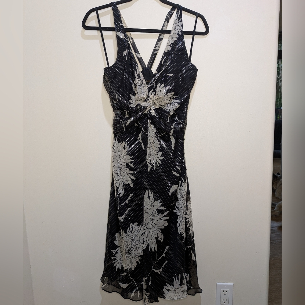 BCBG Maxazria Vintage Silk Tie Black Floral Metallic Fairy Midi Dress Size 12